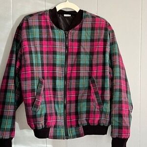 Vintage 90s‎ Plaid Flannel Bomber Jacket Full Zip Grunge Skater Medium Fit Fall